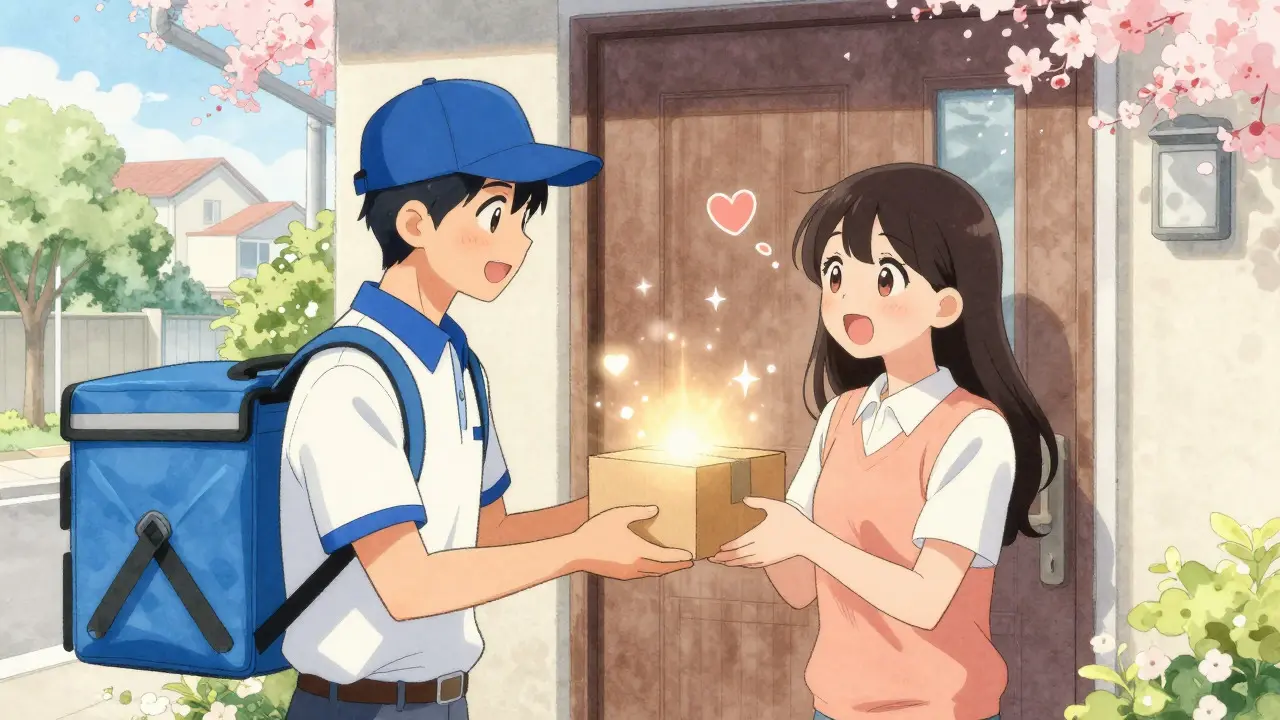 Anime character receiving a glowing package from a smiling courier