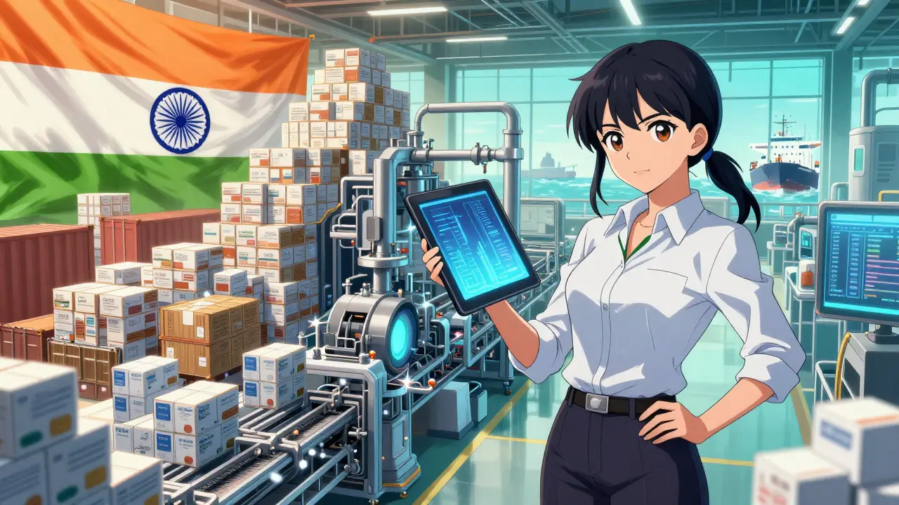 Anime scene showing pharmaceutical factories in India and China with shipping containers