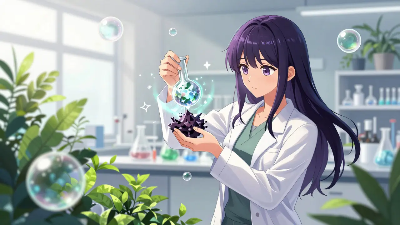 Anime scientist swapping toxic chemicals for safe alternatives in a bright, eco-friendly lab.
