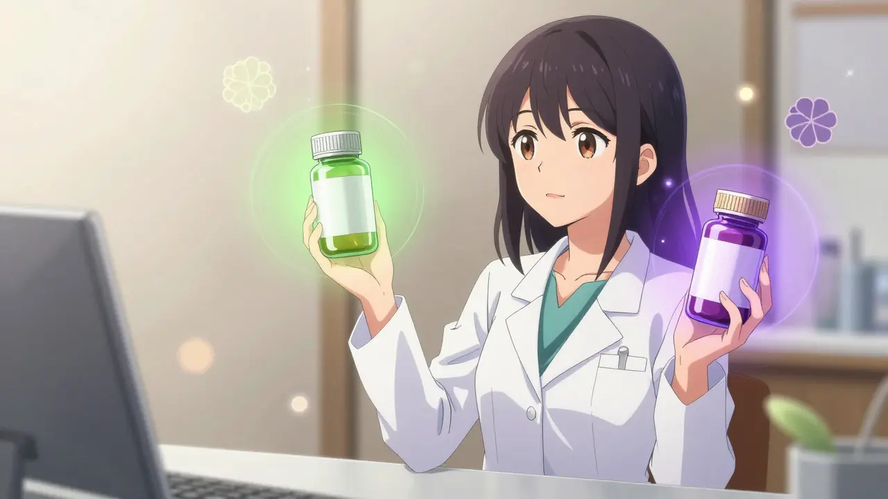 Anime style pharmacist holding two different medication bottles with symbolic auras