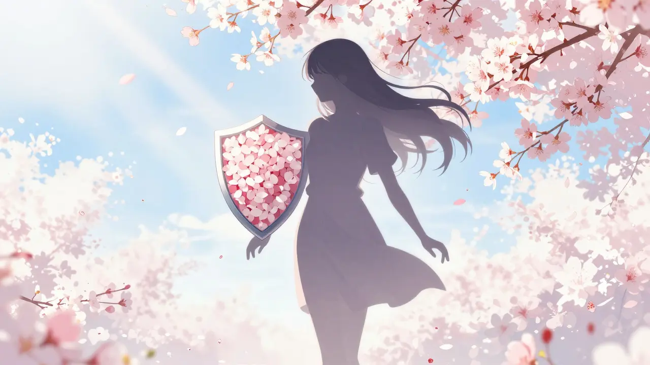 Anime woman standing confidently among cherry blossoms
