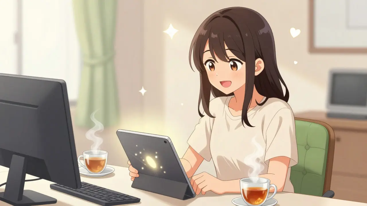 Cheerful woman using tablet for telehealth consultation in anime style
