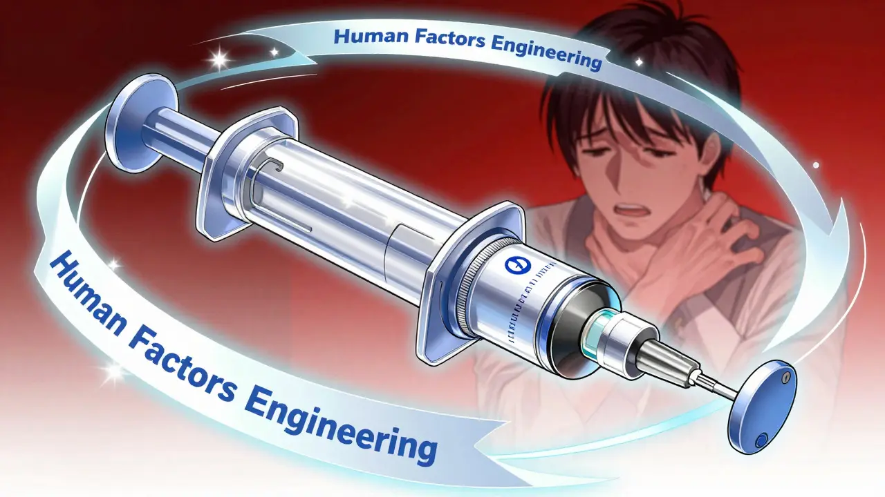 Close-up of auto-injector with abstract safety testing visuals in anime art