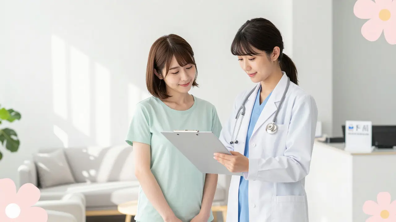 Doctor and patient discussing health plans in a bright clinic, anime style.