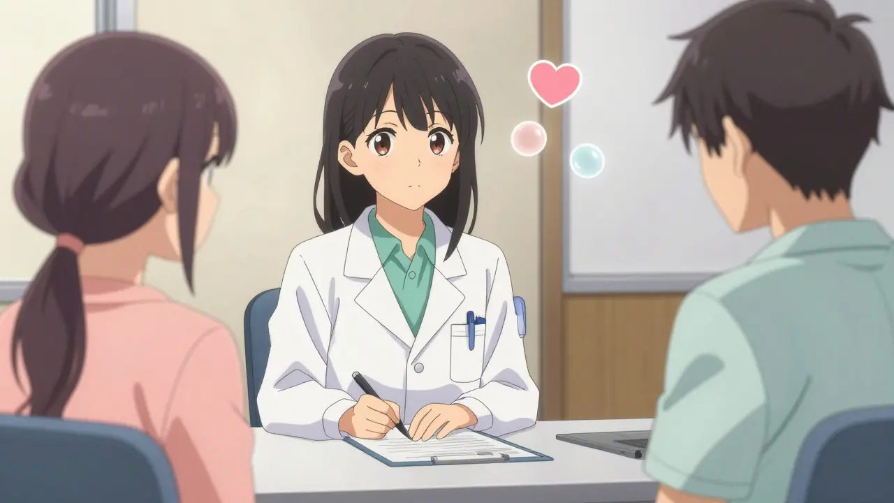 Doctor and patient talking in an anime medical office