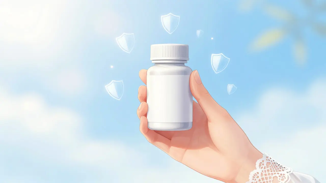 Hand holding generic medicine bottle with safety symbols in manga art