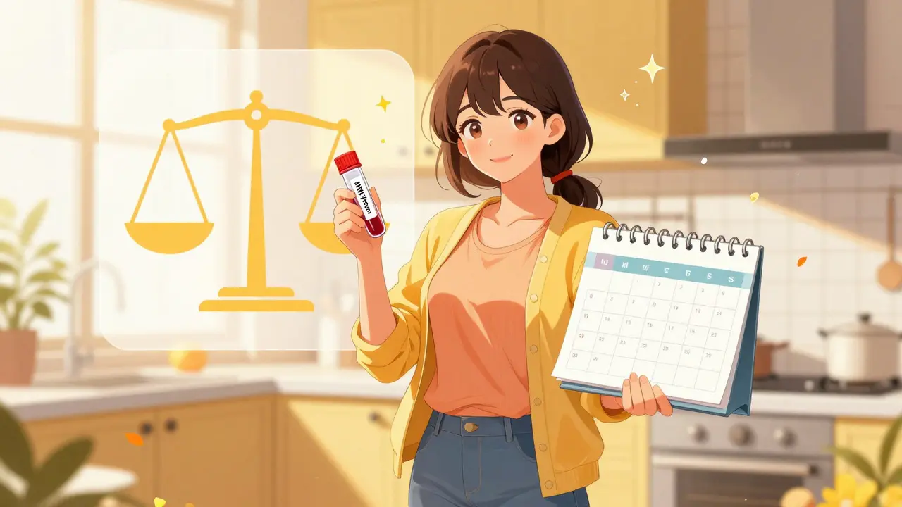 Happy woman holding calendar and test vial indicating successful thyroid treatment