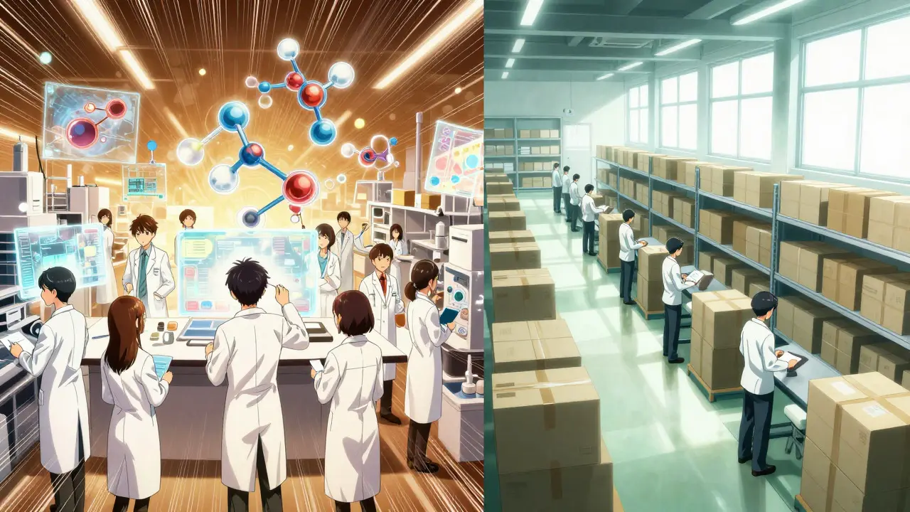 Manga illustration contrasting complex R&amp;D labs with efficient generic packing warehouses