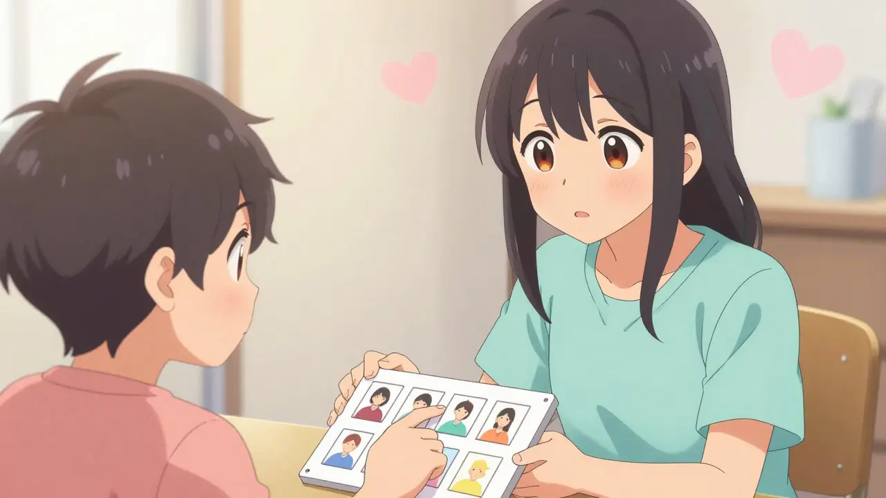 Manga style caregiver supporting a person with disabilities in making choices in a warm room.
