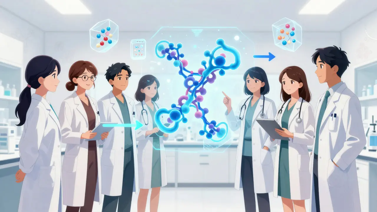 Manga-style depiction of scientists using AI to develop future biosimilar drugs