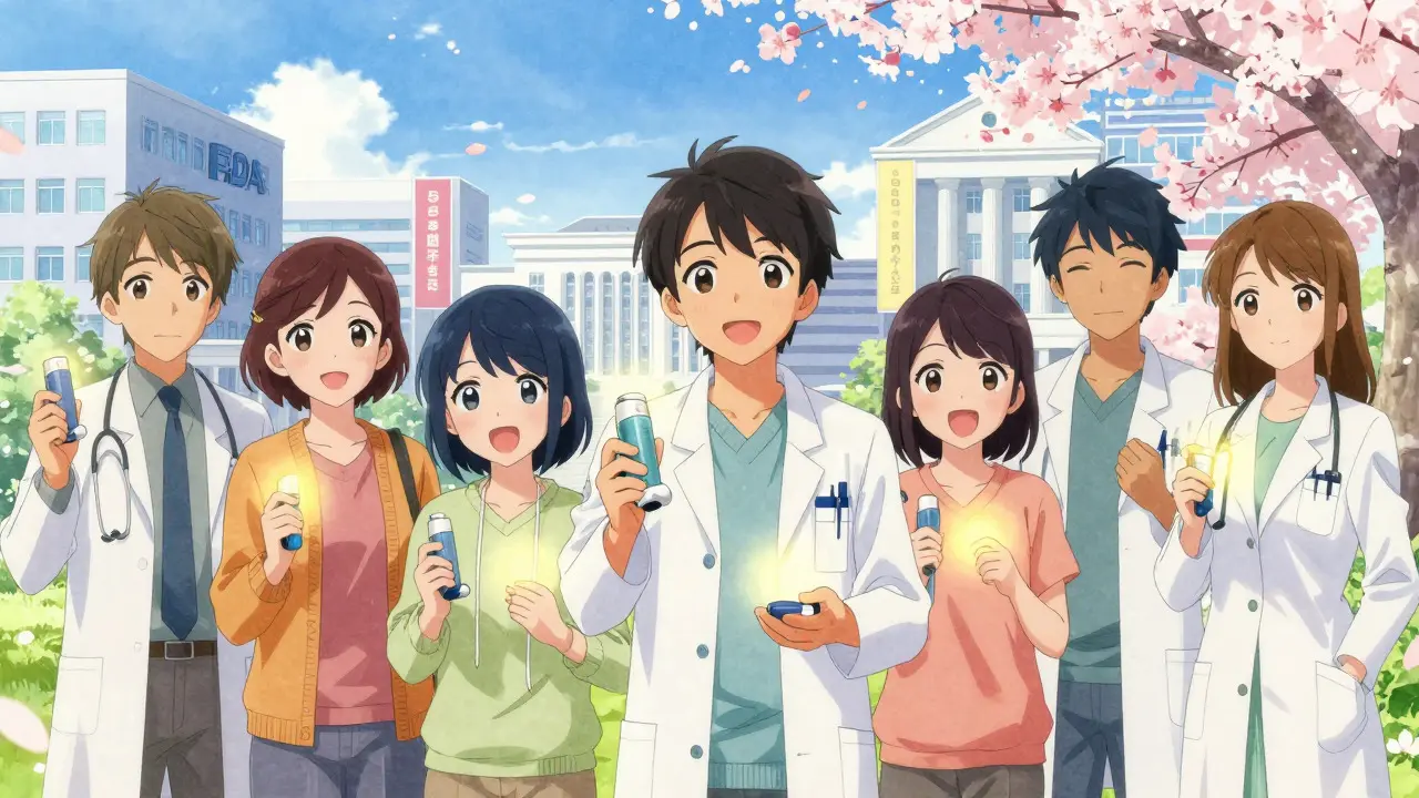 Patients and doctors celebrating affordable generics under cherry blossoms