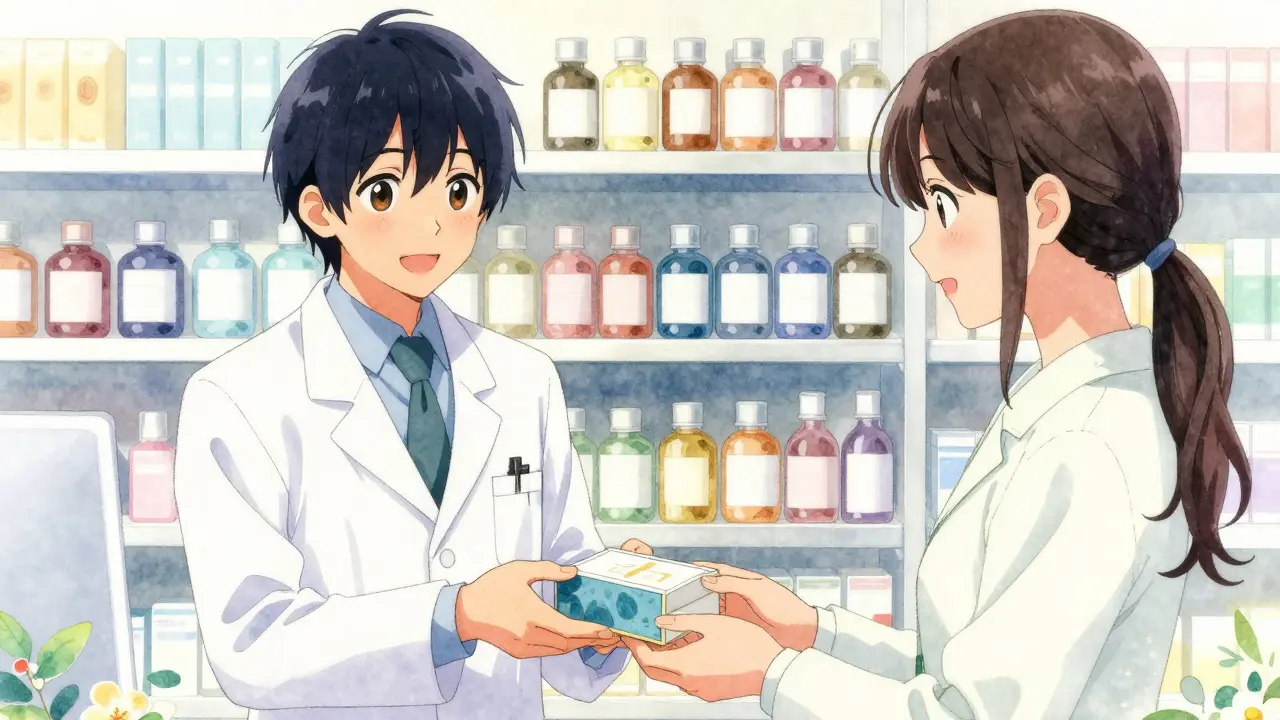 Pharmacist handing prescription medication to happy customer