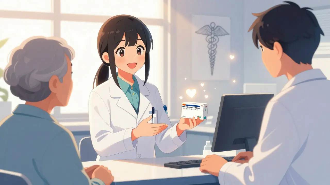 Pharmacist reassuring an elderly patient about generic medication