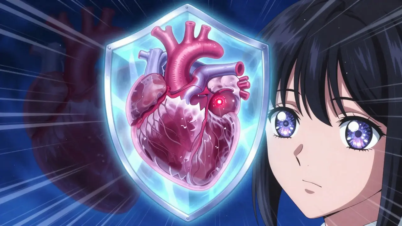 Stylized shield protecting a heart from inflammation, shoujo manga art.