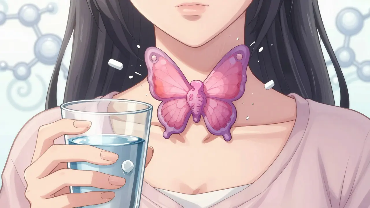 Stylized thyroid gland under immune attack with medication held nearby in anime art