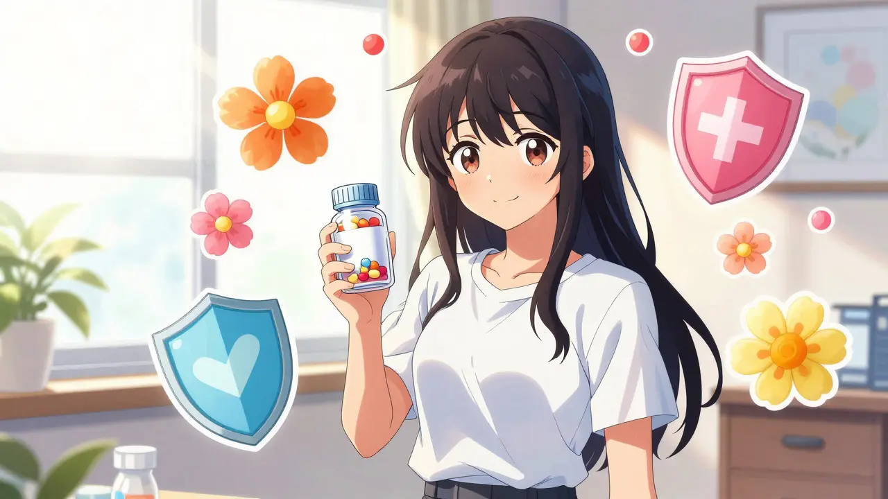 Young woman holding antibiotics with protective flower motifs