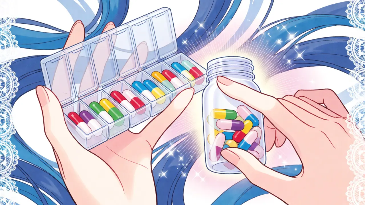 Hand holding a pill organizer with glowing medication bottles