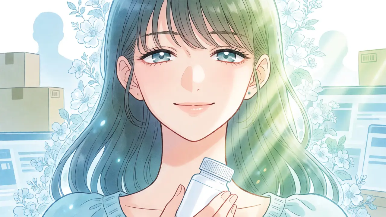 Serene anime girl holding a pill bottle surrounded by calming flowers and light.