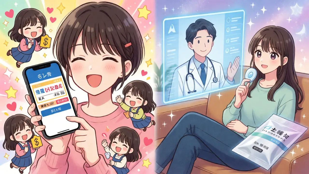 Split-screen anime illustration showing coupon discounts and telehealth consultations.